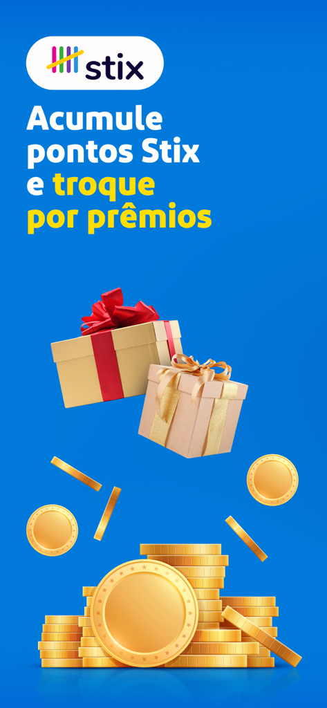 Promotional screen of the Clube Extra app featuring gold coins and gift boxes for the Stix loyalty rewards program.