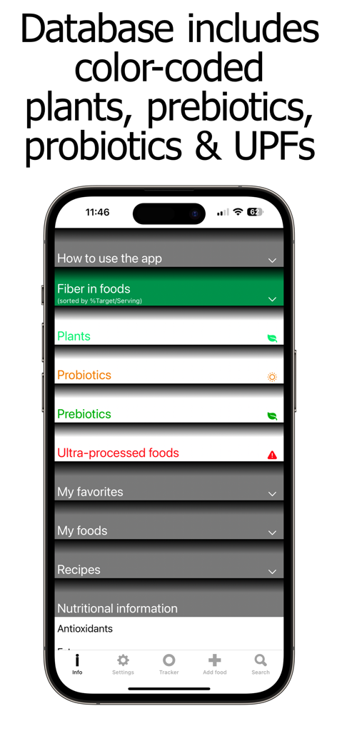 Fiber Counter and Tracker - Fiber Counter and Tracker app menu with categories for plants probiotics and ultra processed foods