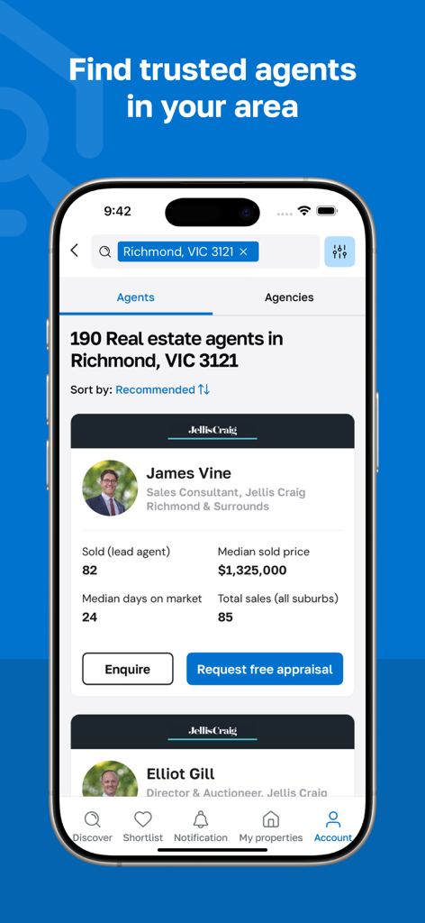 view.com.au - Screen showing real estate agents in Richmond VIC with sales statistics and contact buttons.