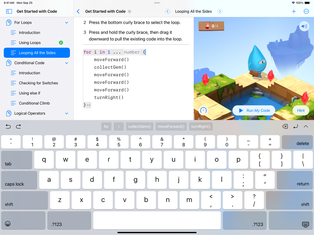 Swift Playgrounds interface on iPad showing a Swift coding lesson and an interactive 3D game world