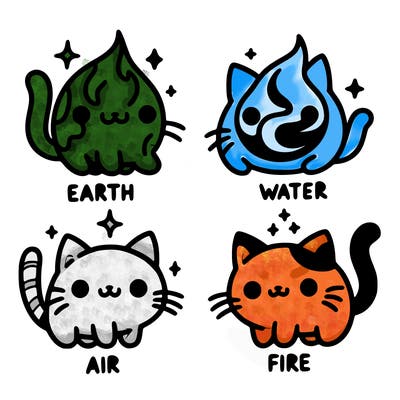 4 cats that represent the different elements, earth, water, air, and fire
