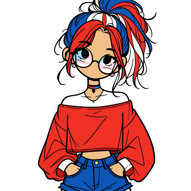 girl with a messy ponytail glasses a baggy crop top and jean shorts