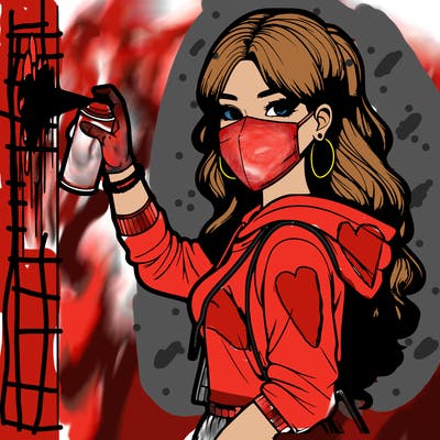 realistic girl with mask spray painting a wall