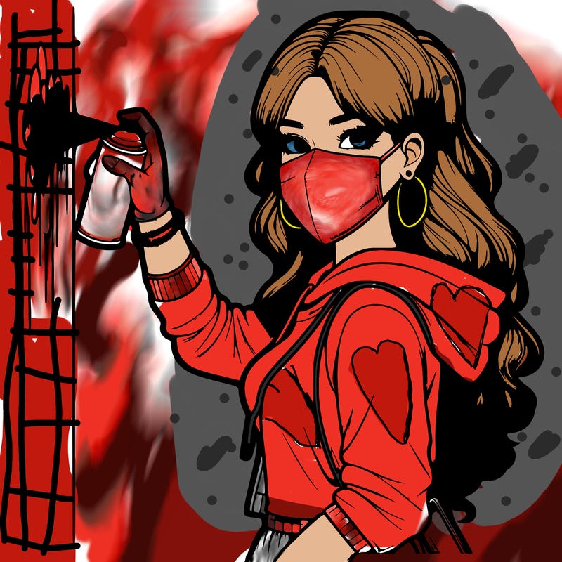 realistic girl with mask spray painting a wall