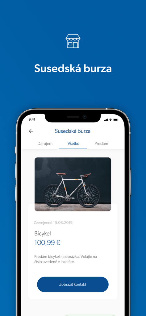 Screen of the Bernolakovo app showing a neighborhood marketplace with a bicycle listing for sale.