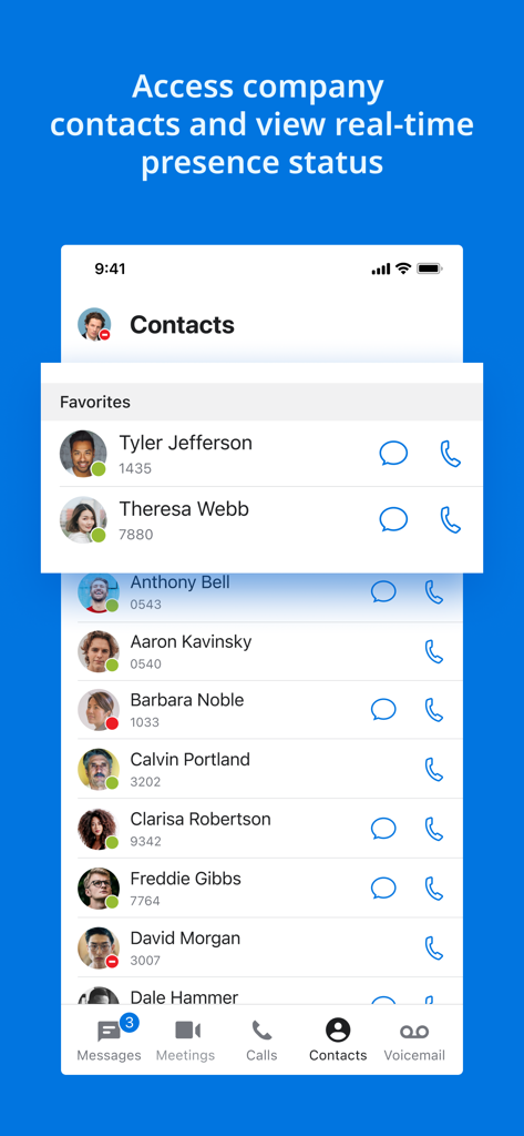 Intermedia Unite - Interface de l'application mobile Intermedia Unite affichant les contacts de l'entreprise et le statut de présence en temps réel