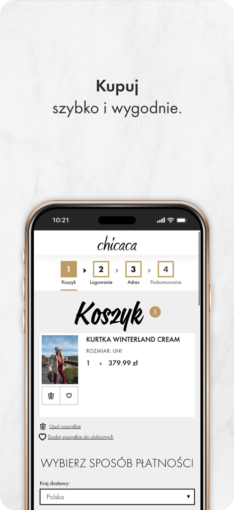 Chicaca.pl - Mobile interface of the Chicaca fashion app showing a shopping cart with a winter jacket