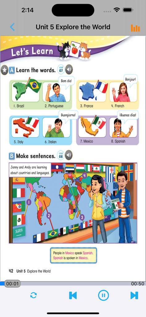Oxford Lets Go 6 app screen displaying Unit 5 lesson on countries and languages with a world map and character illustrations