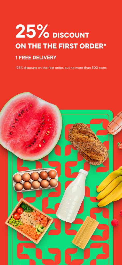Alma Go – доставка продуктов - Alma Go promotional banner offering a 25 percent discount and free delivery on the first grocery order with images of fresh food