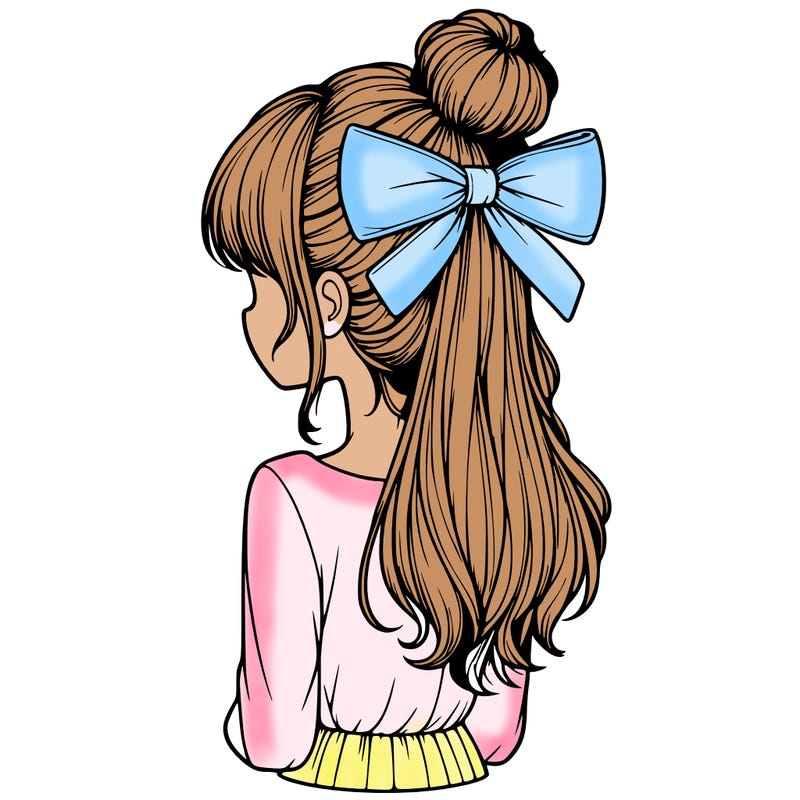 realistic girl  with hip length hair a bun and a big bow on the back of head