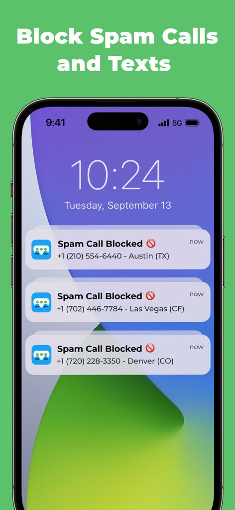 An iPhone screen displaying several notifications from the OnPhone app indicating blocked spam calls from different cities
