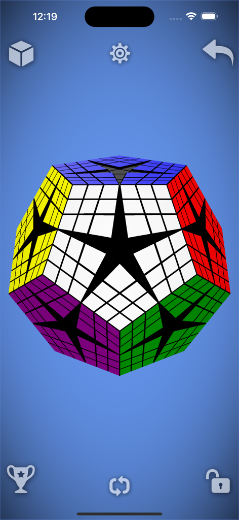 Magic Cube Puzzle 3D - A 3D dodecahedron logic puzzle with colorful faces and star patterns on a blue background