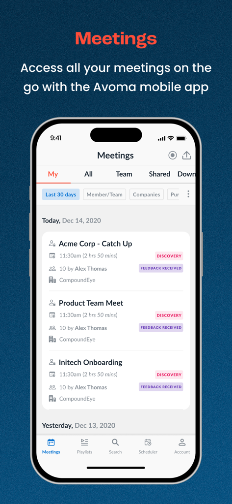 Avoma - Avoma mobile app interface showing a list of recorded business meetings and calls