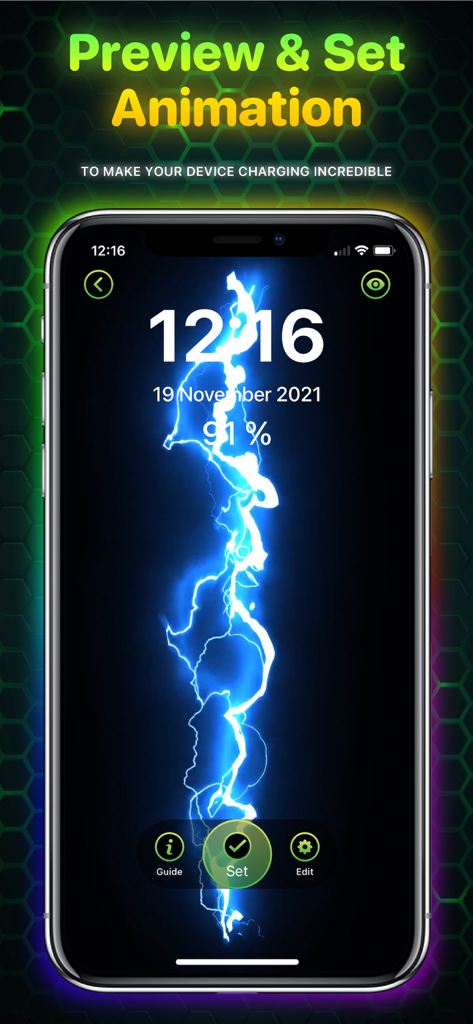 Ampere: Charging Animation App - Una vista previa de una animación de carga de rayo azul en una pantalla de iPhone