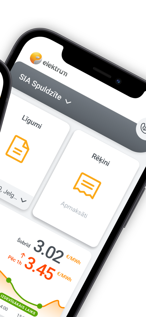 Elektrum Latvija mobile app displaying real time energy market prices and billing information
