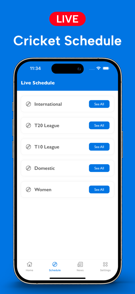 Live Cricket TV - Mobile Bildschirm, der Live-Cricketspielpläne für internationale und lokale Ligen zeigt.