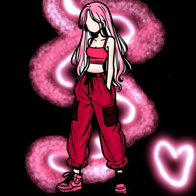 girl in baggy pants crop top and long hair