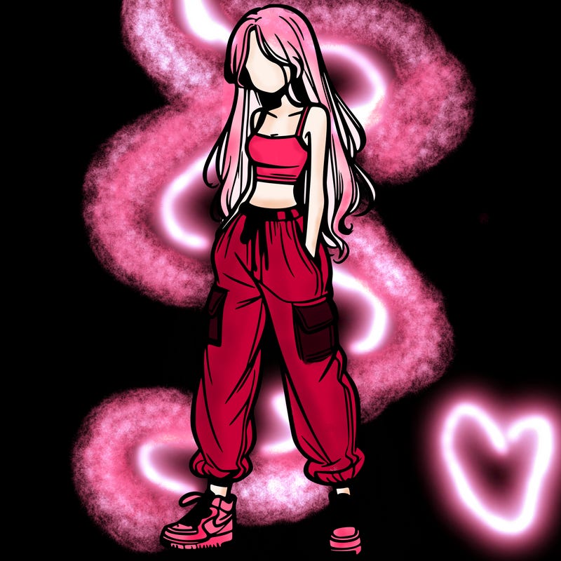 girl in baggy pants crop top and long hair