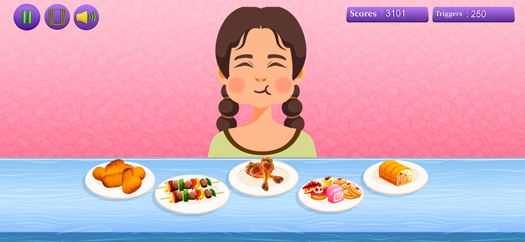 A cartoon girl participating in a mukbang eating challenge with various plates of snacks in the ASMR Artist app.