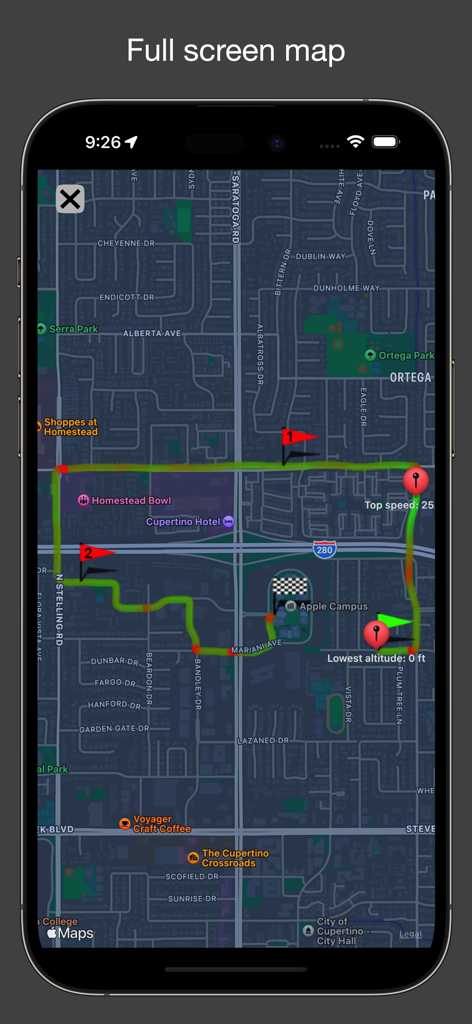 Fitmeter Bike - GPS Cycling - Fitmeter Bike app full screen map displaying a tracked cycling route with speed and altitude data.