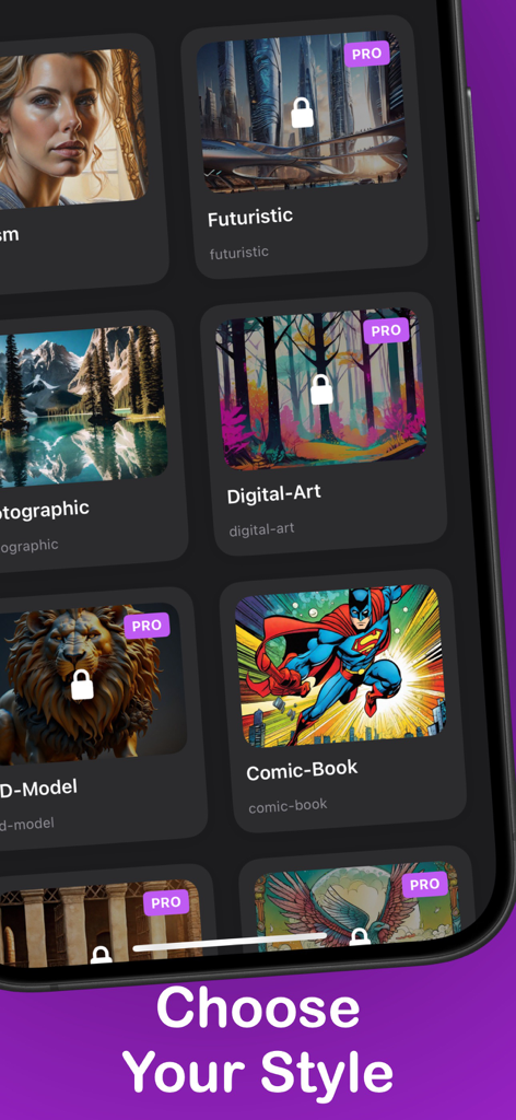 Aivi: Ai Art & Photo Generator - A smartphone interface displaying various AI art styles like futuristic and comic book in the Aivi app