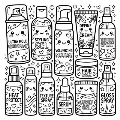 Dive into the adorable world of Kawaii hair styling with this charming coloring page! Featuring a variety of your favorite hair care essentials, each product is brought to life with a cute, smiling face and playful details.