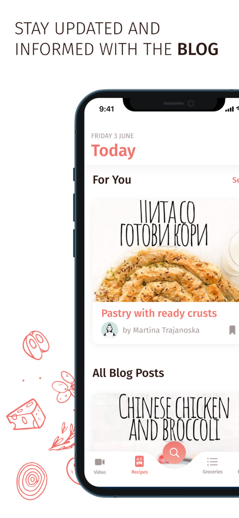 Martina's Cooking - Martina's Cooking app blog section showing a pastry recipe and Chinese chicken and broccoli recipe cards on a mobile device.