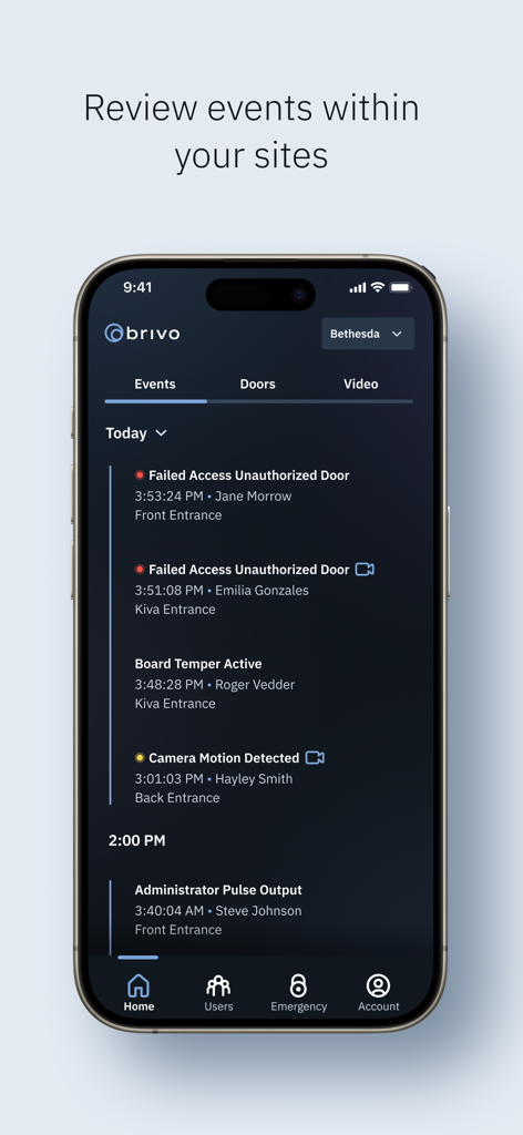 Brivo Access - 출입 알림 및 동작 감지 알림이 있는 보안 이벤트 로그를 보여주는 Brivo Access 모바일 앱 인터페이스.