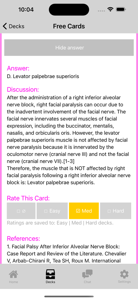Interfaccia dell'app mobile ADA ADAT Q-Bank che mostra una spiegazione dettagliata della risposta a una domanda d'esame dentale e la valutazione della difficoltà.