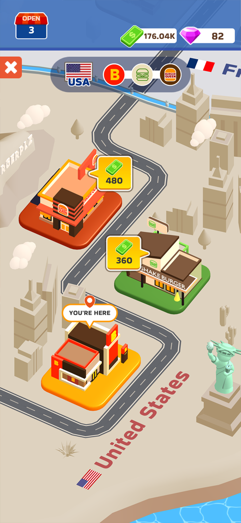 Vue de la carte des emplacements de restaurants aux États-Unis dans le jeu mobile Burger Please.
