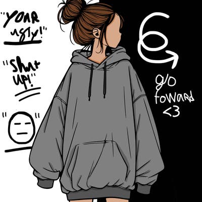 realistic girl with a oversized sweatshirt on and a bun