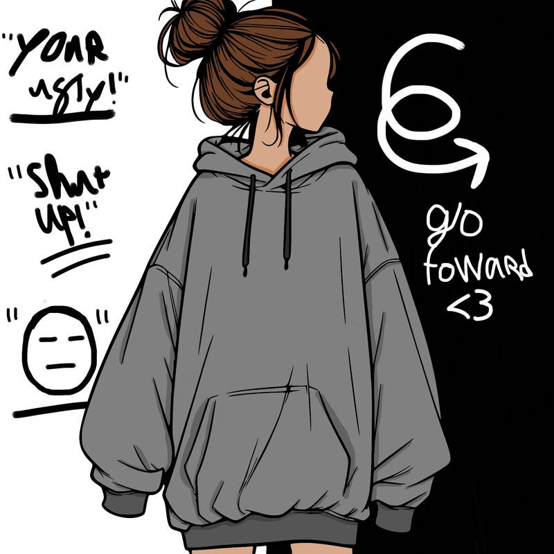 realistic girl with a oversized sweatshirt on and a bun