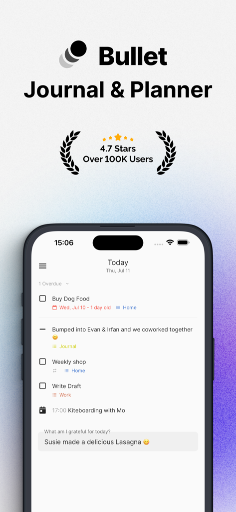 Smartphone mostrando la aplicación Bullet Journal y Daily Planner con tareas y una entrada de diario de gratitud.