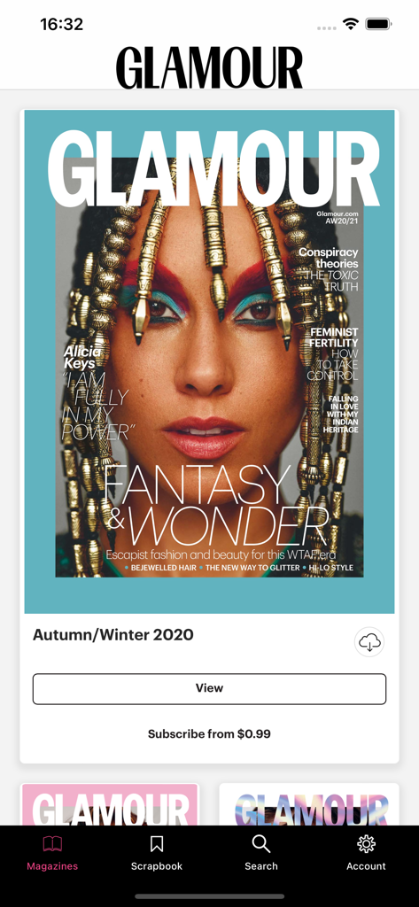 Interfaz de la aplicación Glamour Magazine UK mostrando la portada de una revista digital con Alicia Keys para el número Otoño Invierno 2020.