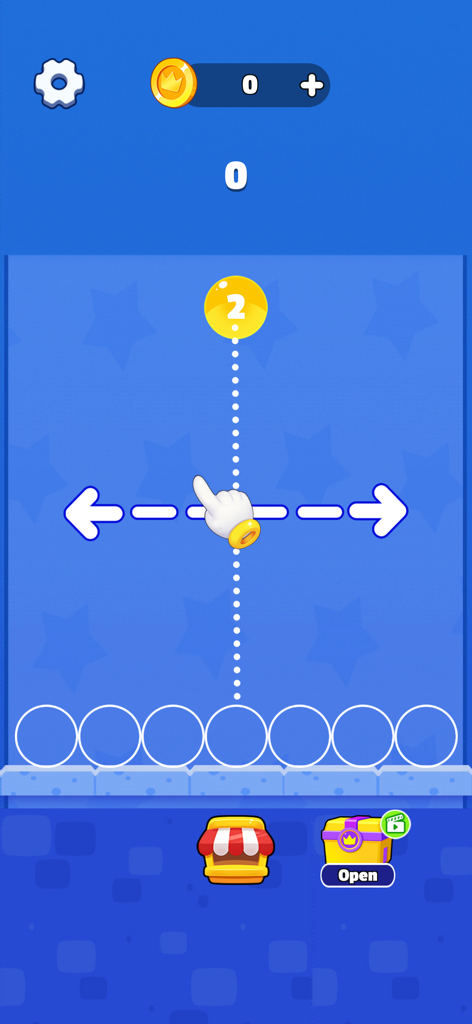 Gameplay screen of Number Merge Magic showing a tutorial for dropping and merging number balls.