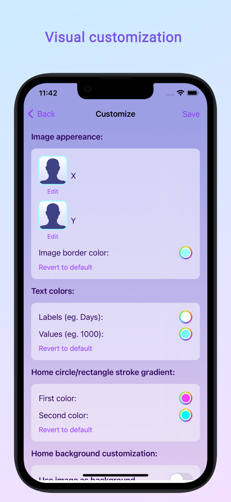 Been in Love - days counter - Visual customization interface in the Been in Love app showing options for editing photos and selecting colors for text and gradients.