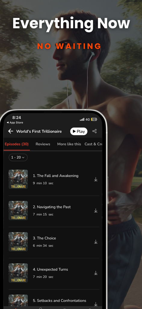 Kuku FM: Audio Series - Smartphone screen showing the episode list for a billionaire romance series on the Kuku FM app.