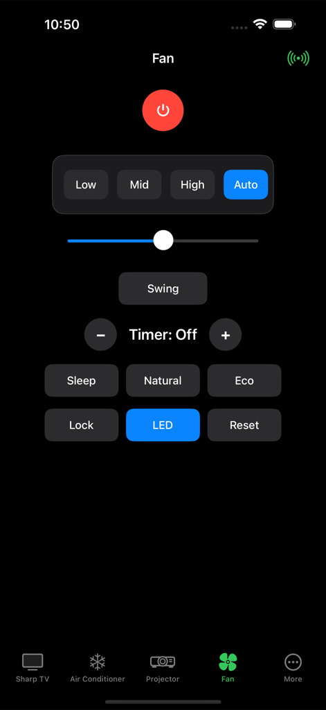 Smartphone interface showing digital controls for an electric fan within the Sharp TV Remote app