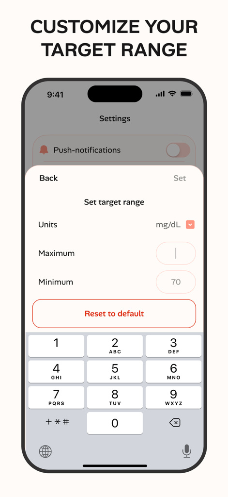 Blood Sugar - Tracker Log - Interfaz de la aplicación Blood Sugar Tracker que muestra la pantalla de configuración para personalizar el rango objetivo de glucosa en sangre en miligramos por decilitro