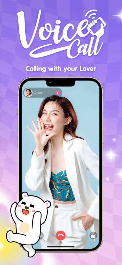 Callplay - Live & Video Call - A smartphone screen showing a video call in the Callplay app with a woman and a cute white bear mascot