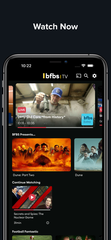 BFBS Player mobile app interface showing the Watch Now screen with live TV channels and movie selections like Dune.