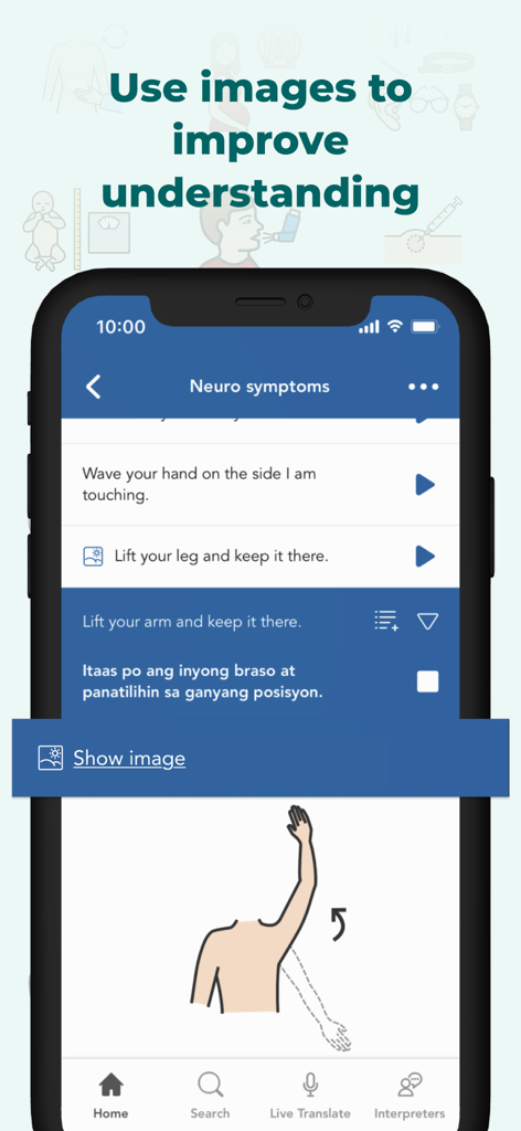 Care to Translate app interface showing translated medical phrases for neurological symptoms with a supporting illustration of a patient lifting an arm.
