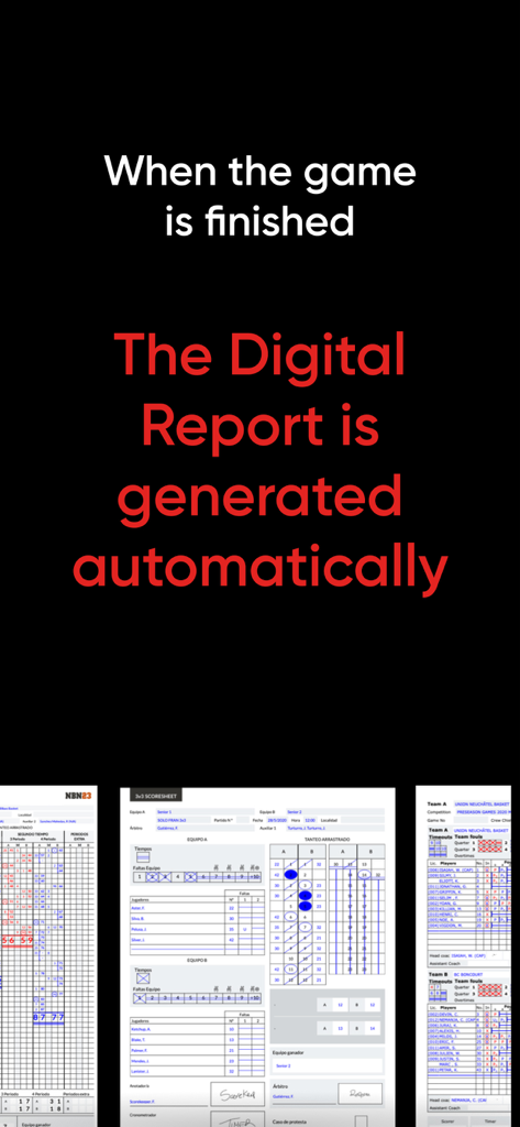 InGame by NBN23 - Una interfaz que muestra cómo se generan automáticamente los informes y las pizarras de anotación digitales de baloncesto después de un partido