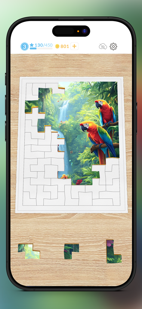 Antistress Block Jigsaw Puzzle - Um quebra-cabeça de blocos antiestresse relaxante com dois papagaios coloridos em uma selva tropical exuberante com uma cachoeira