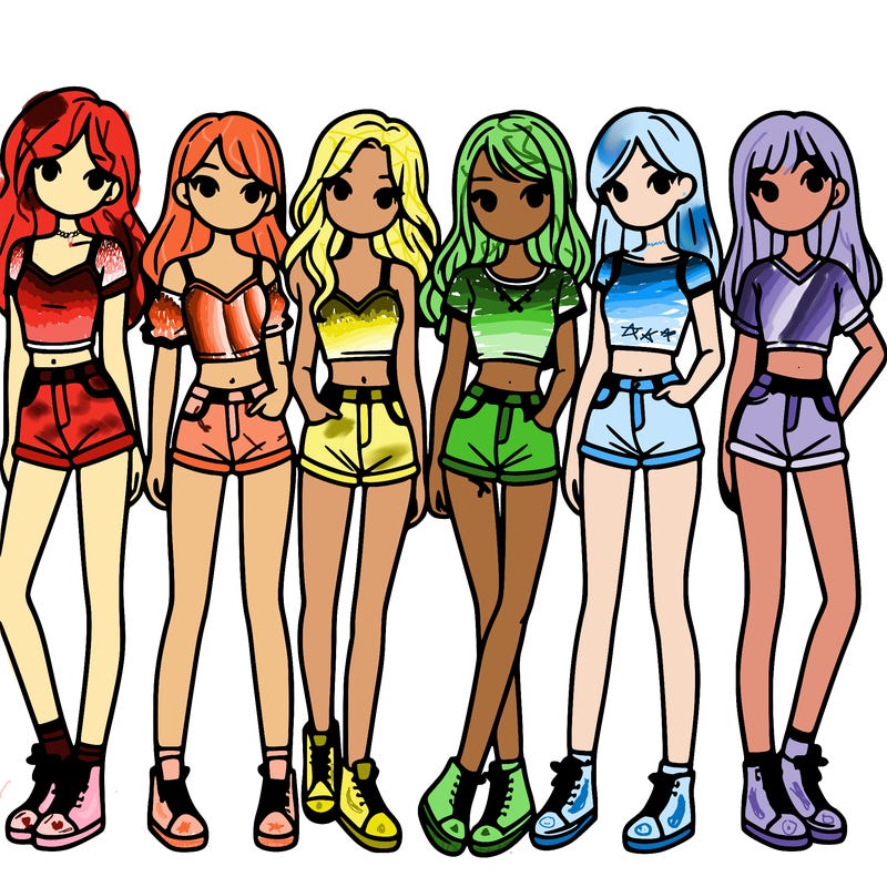 a group of girls wearing crop tops and shorts