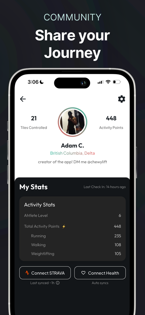 Checkin: Fitness Tracker Game - User profile in Checkin Fitness Tracker Game showing activity points tiles controlled and athlete stats