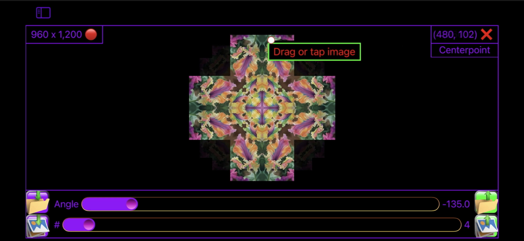 Core Image Tools - User interface of Core Image Tools app showing a floral kaleidoscope effect with angle and reflection count sliders.