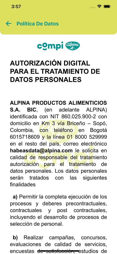 Compi Alpina - Pantalla de autorización digital para el procesamiento de datos personales en la aplicación Compi Alpina