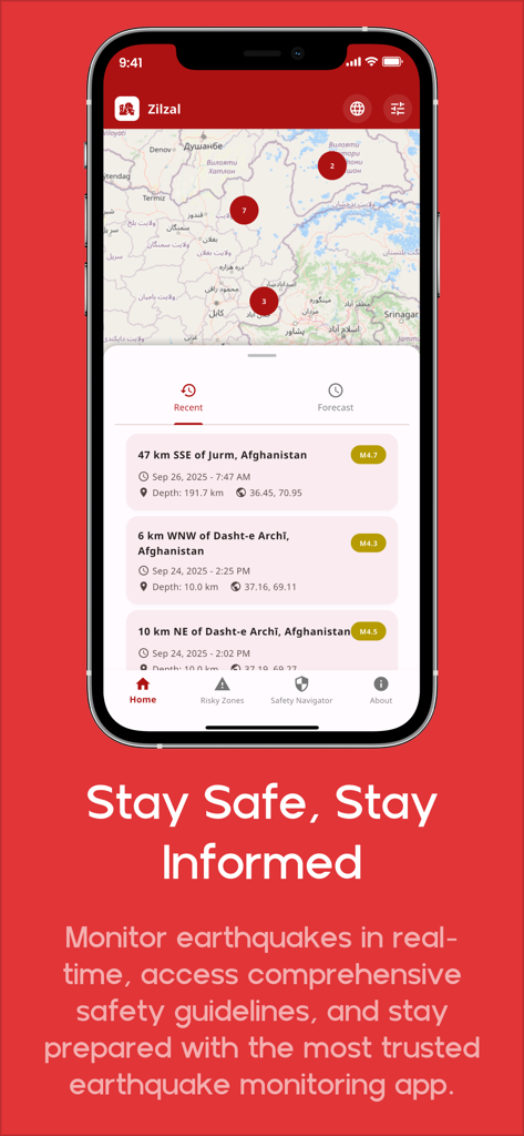 Zilzal - Une capture d'écran de l'application de surveillance des séismes Zilzal affichant une carte de l'activité sismique en temps réel et une liste des séismes récents avec leurs magnitudes.