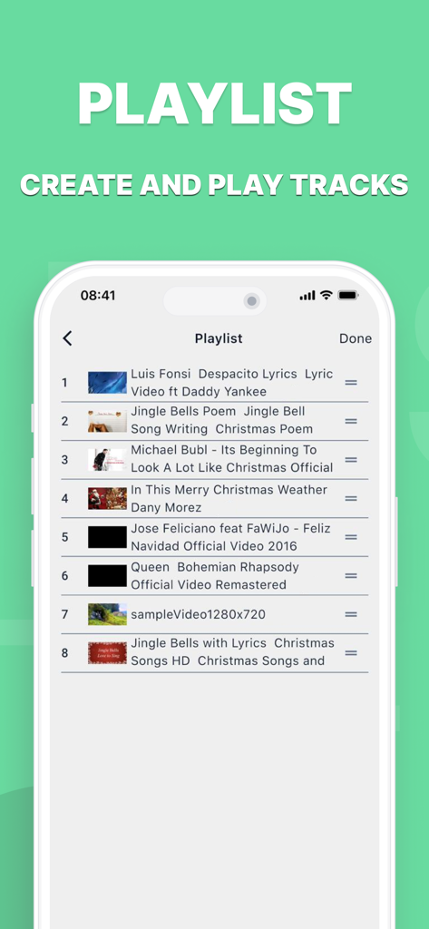 Interface of the Browser and Offline File Storage app showing a custom media playlist with various song and video tracks.